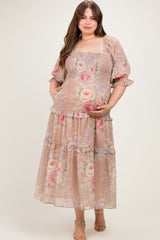 Taupe Floral Smocked Chiffon Tiered Maternity Plus Maxi Dress