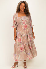 Taupe Floral Smocked Chiffon Tiered Plus Maxi Dress