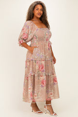 Taupe Floral Smocked Chiffon Tiered Plus Maxi Dress