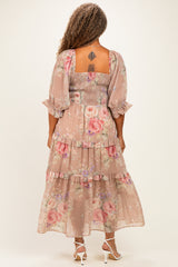 Taupe Floral Smocked Chiffon Tiered Plus Maxi Dress
