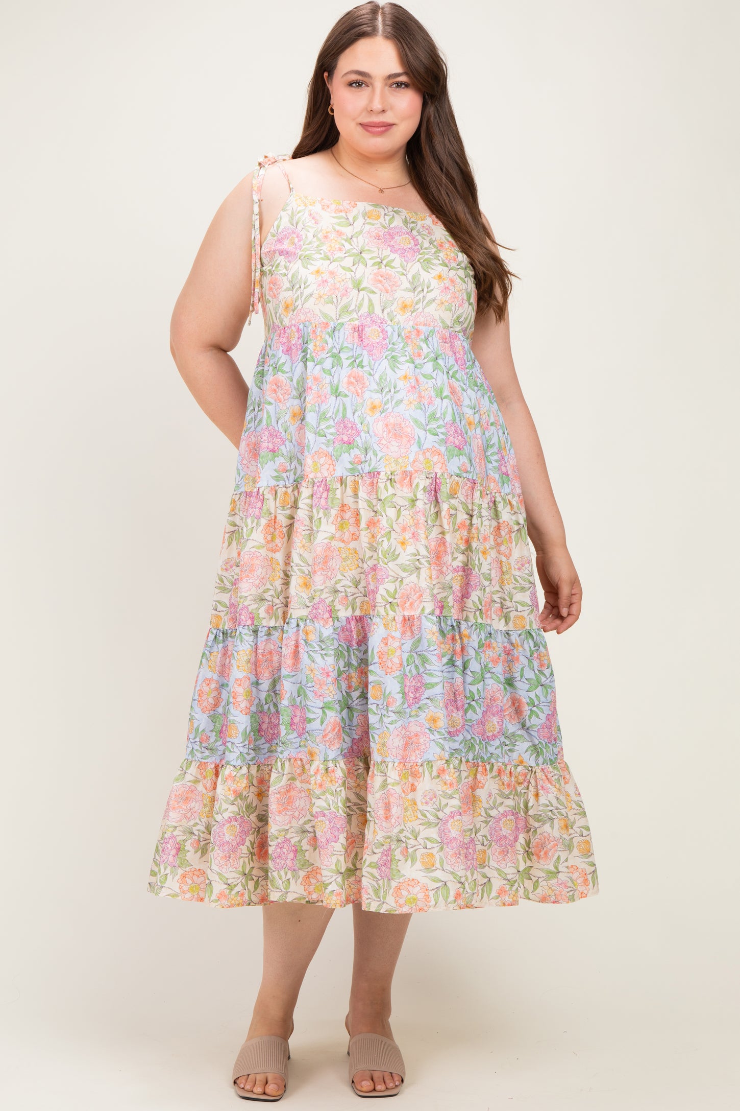 Pink Floral Colorblock Tiered Maternity Plus Maxi Dress