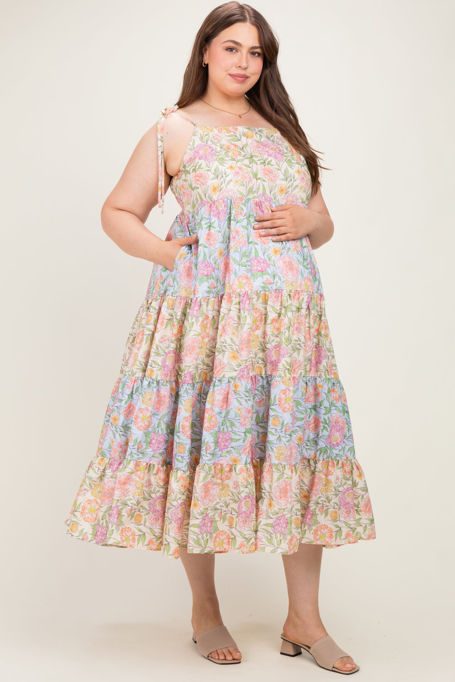 Pink Floral Colorblock Tiered Maternity Plus Maxi Dress