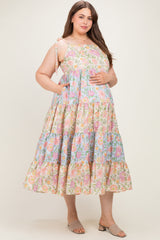 Pink Floral Colorblock Tiered Maternity Plus Maxi Dress