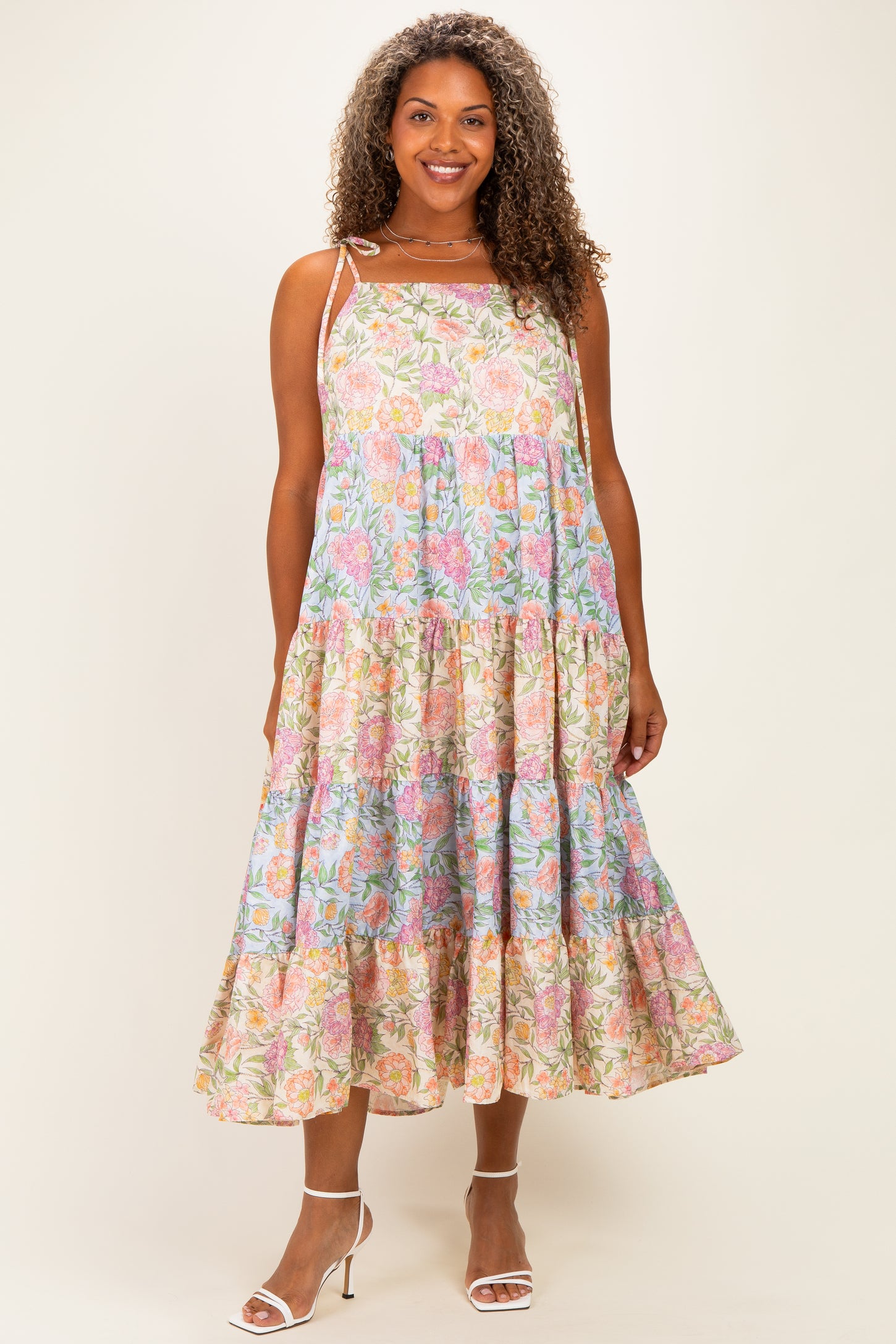 Pink Floral Colorblock Tiered Maternity Plus Maxi Dress
