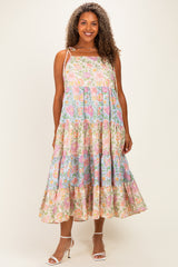 Pink Floral Colorblock Tiered Plus Maxi Dress