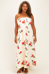 Cream Floral Thin Strap Plus Midi Dress