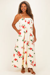 Cream Floral Thin Strap Plus Midi Dress