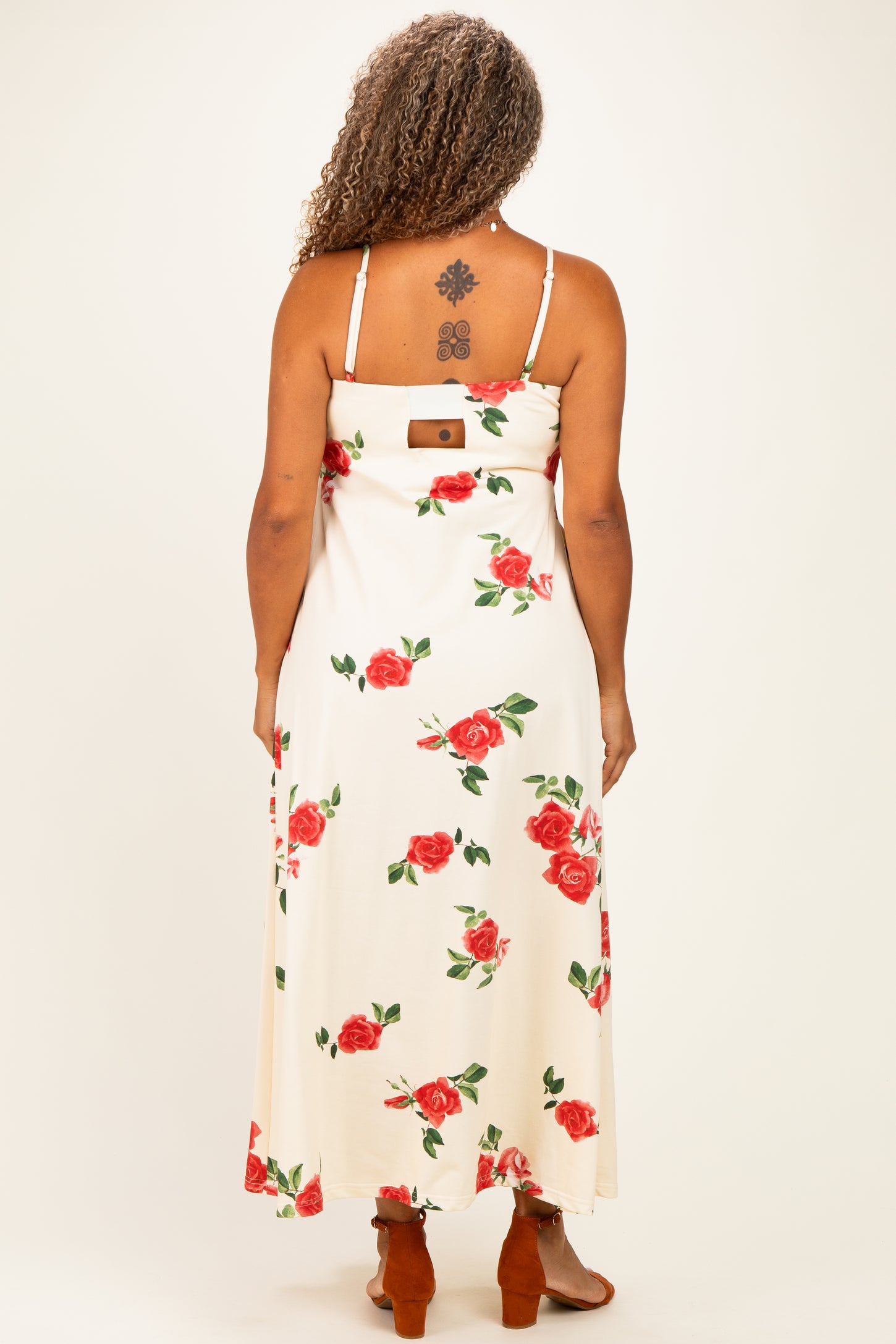 Cream Floral Thin Strap Plus Midi Dress