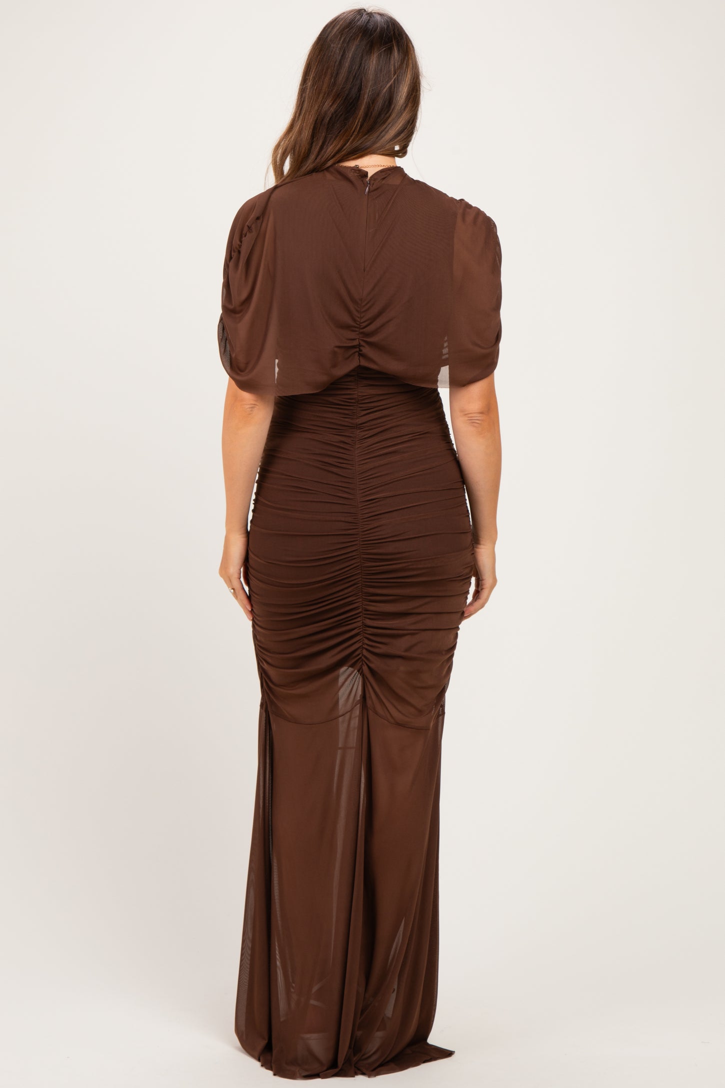 Brown Draped Bodice Ruched Mesh Maternity Maxi Dress