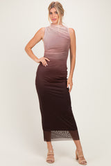 Coffee Ombre Mesh Ruched Sleeveless Maternity Midi Dress