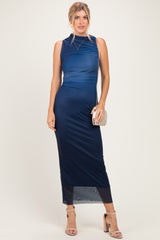 Navy Ombre Mesh Ruched Sleeveless Midi Dress