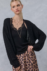 Black Dolman Sleeve Boho Cable Knit Cardigan