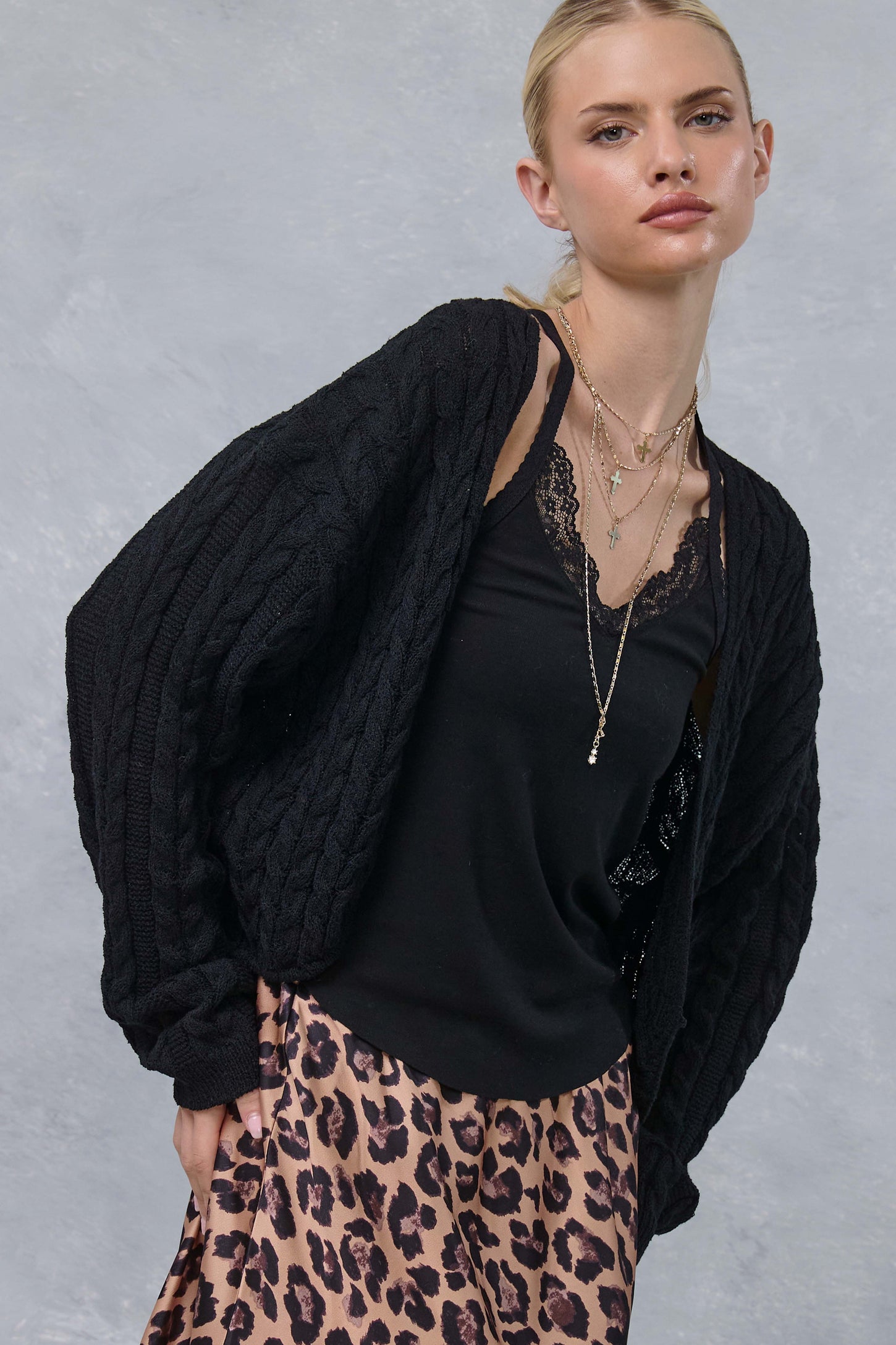 Black Dolman Sleeve Boho Cable Knit Maternity Cardigan
