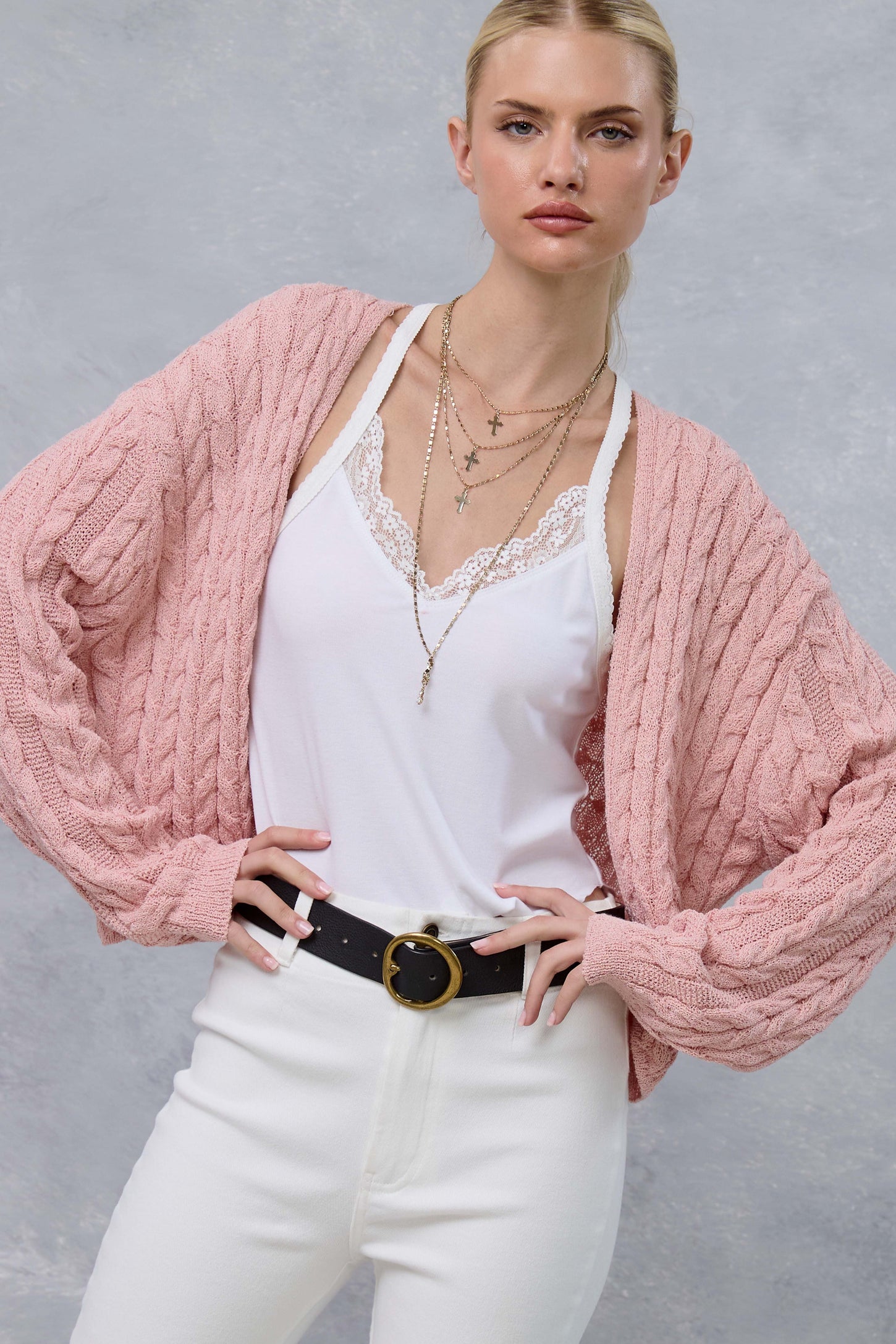 Pink Dolman Sleeve Boho Cable Knit Maternity Cardigan