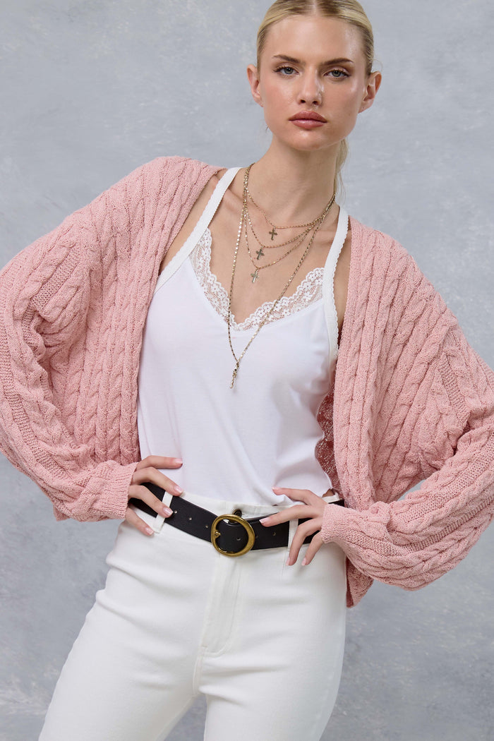 Pink Dolman Sleeve Boho Cable Knit Maternity Cardigan