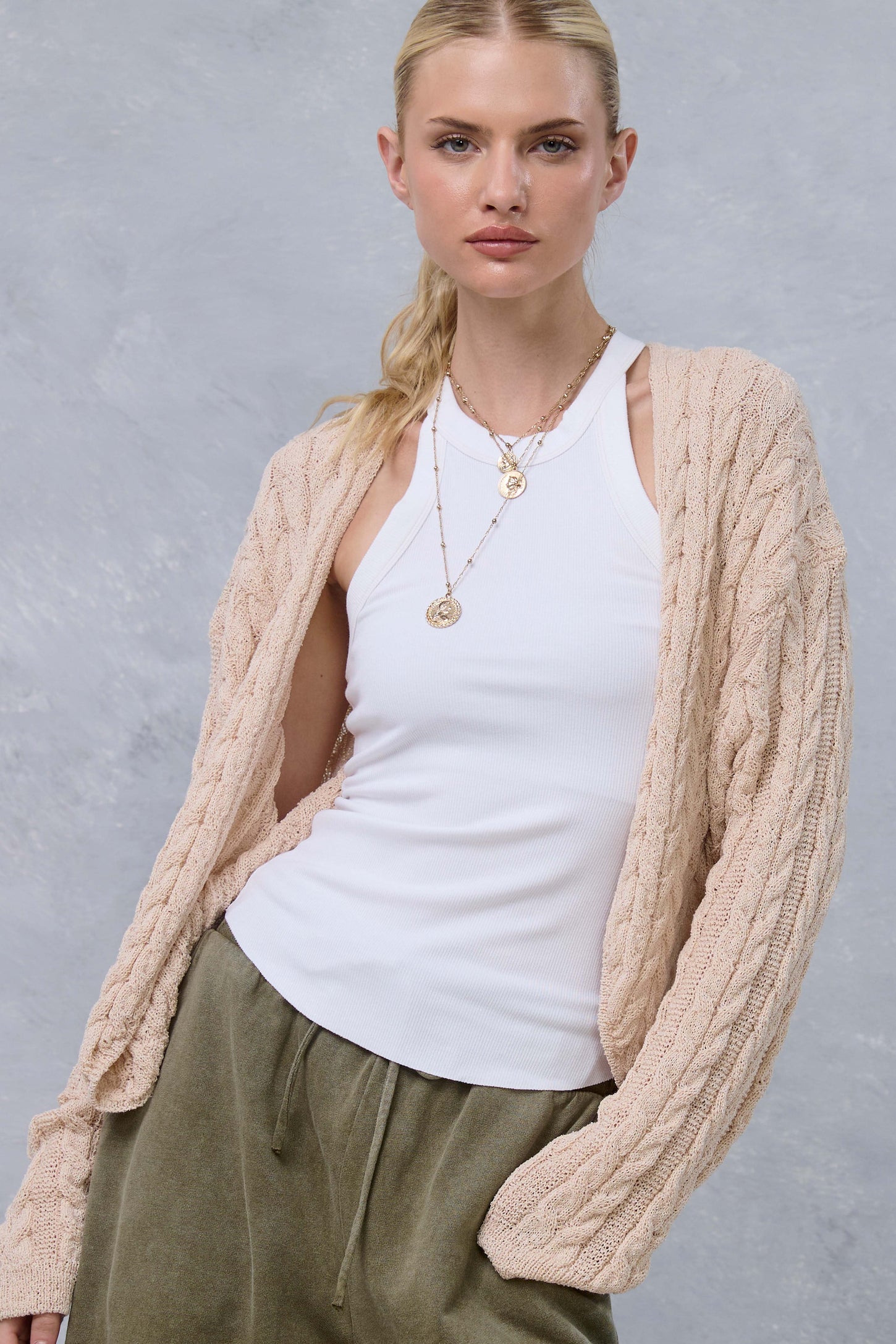 Beige Dolman Sleeve Boho Cable Knit Maternity Cardigan