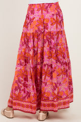 Fuchsia Floral Tiered Smocked Waistband Maxi Skirt