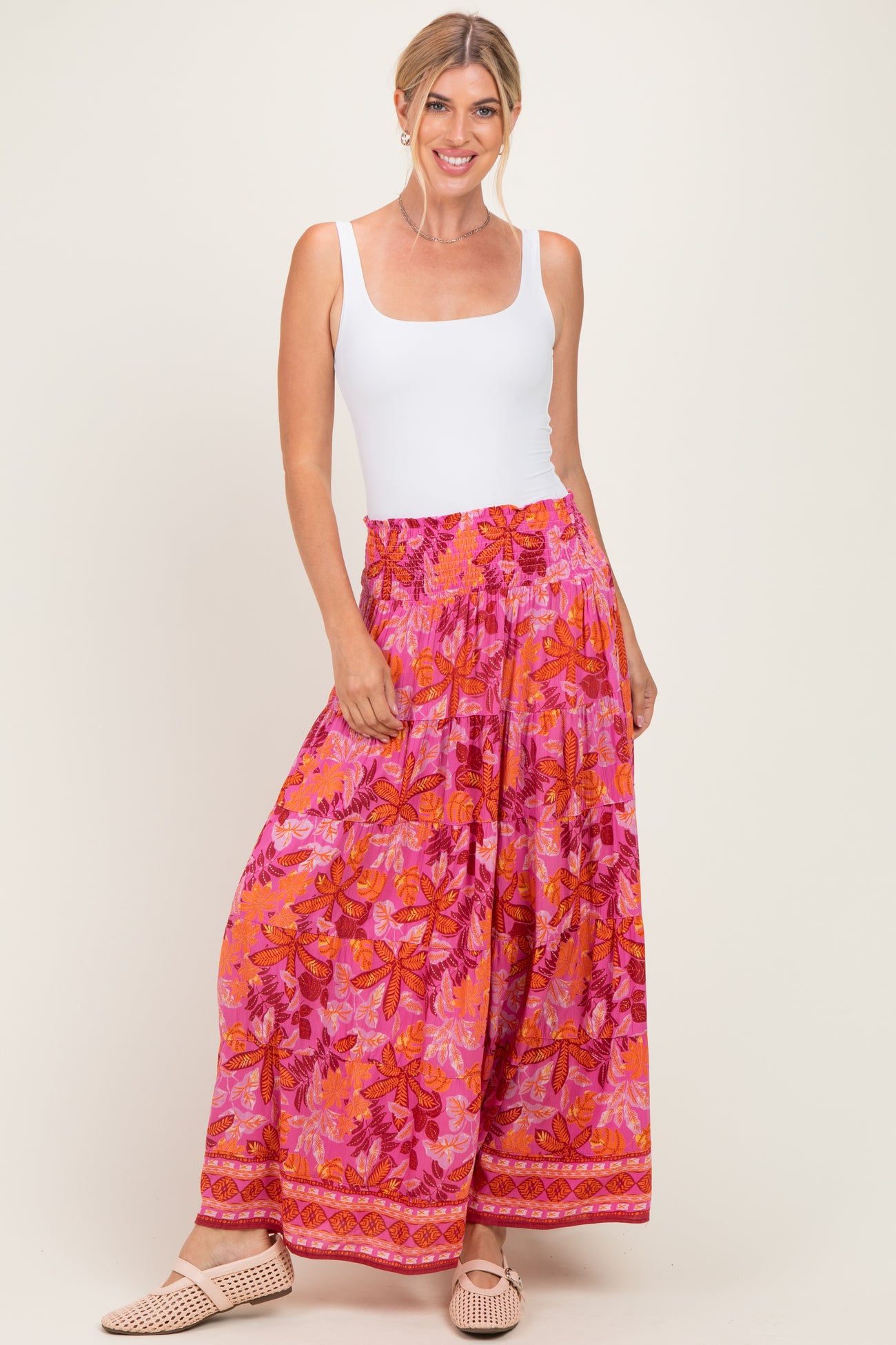 Fuchsia Floral Tiered Smocked Waistband Maxi Skirt