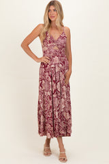 Wine Floral V-Neck Twist Front Cut Out Maxi Dress