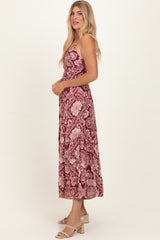 Wine Floral V-Neck Twist Front Cut Out Maxi Dress