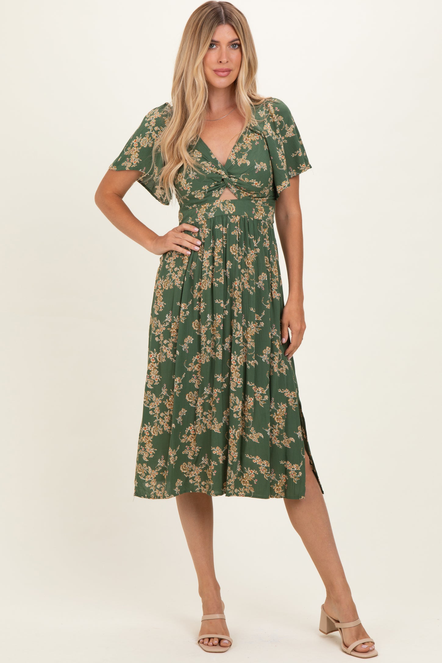 olive floral midi dress Light Olive Wavy Floral Smocked Midi Dress Jean Marie's
