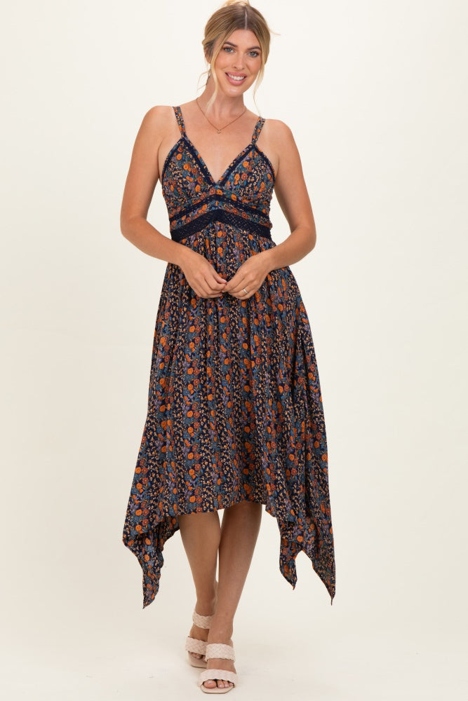 handkerchief hem dress Navy Floral V-Neck Lace Trim Handkerchief Hem Dress – PinkBlush