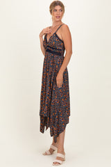Navy Floral V-Neck Lace Trim Handkerchief Hem Dress