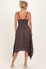 Navy Floral V-Neck Lace Trim Handkerchief Hem Dress