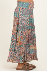 Teal Patchwork Print Smocked Waistband Maternity Maxi Skirt