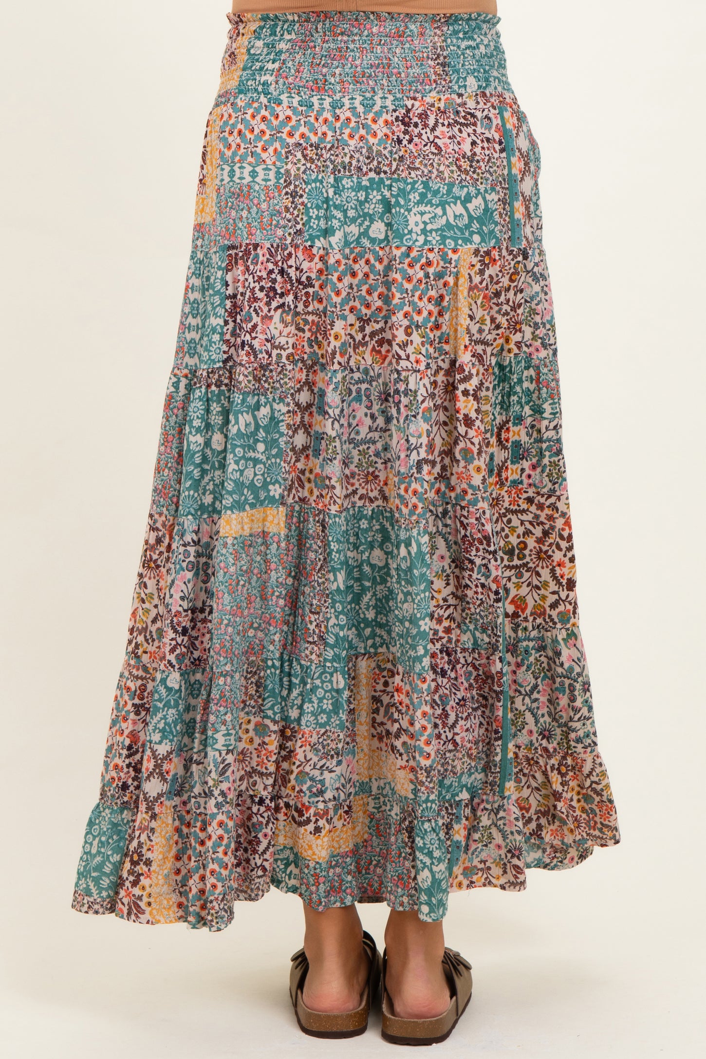 Teal Patchwork Print Smocked Waistband Maternity Maxi Skirt