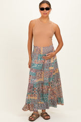 Teal Patchwork Print Smocked Waistband Maternity Maxi Skirt