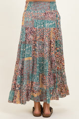 Teal Patchwork Print Smocked Waistband Maternity Maxi Skirt