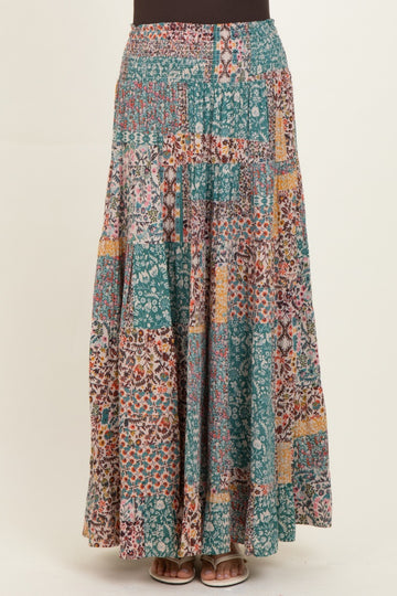 Teal Patchwork Print Smocked Waistband Maxi Skirt