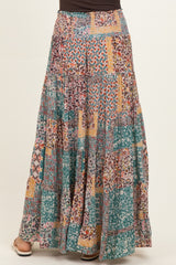Teal Patchwork Print Smocked Waistband Maxi Skirt