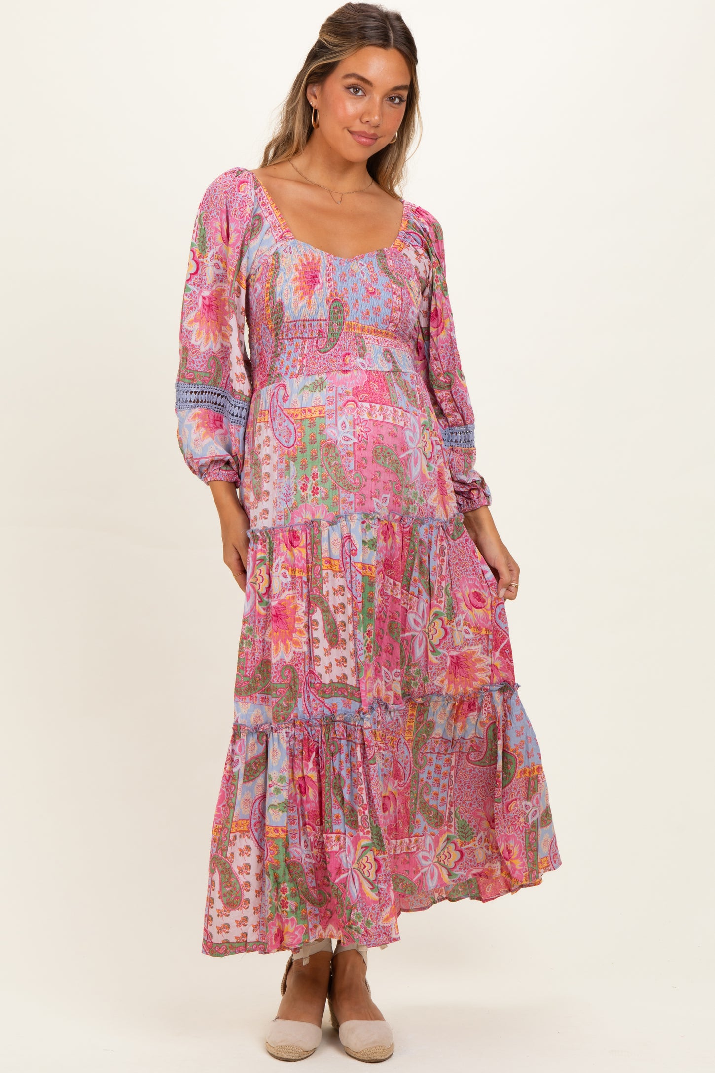 Pink Patchwork Print Smocked Tiered Maternity Maxi Dress – PinkBlush
