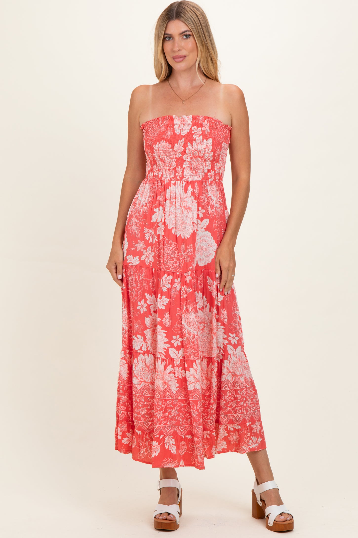 coral pink midi dress Aysel Coral Pink Abstract Strapless Bustier Midi Dress