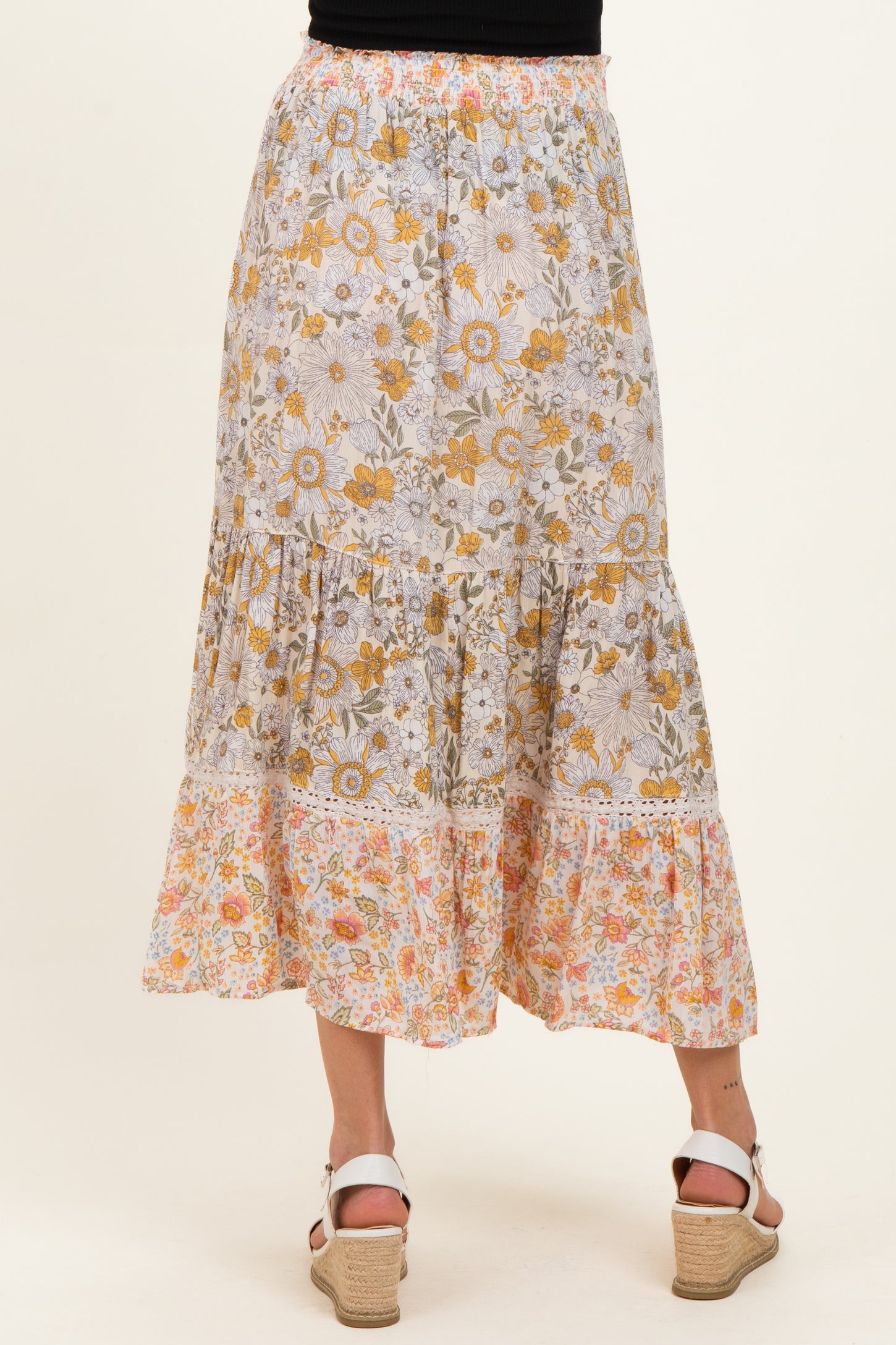 Lemon Mixed Floral Smocked Waist Maternity Maxi Skirt