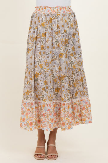 Lemon Mixed Floral Smocked Waist Maxi Skirt