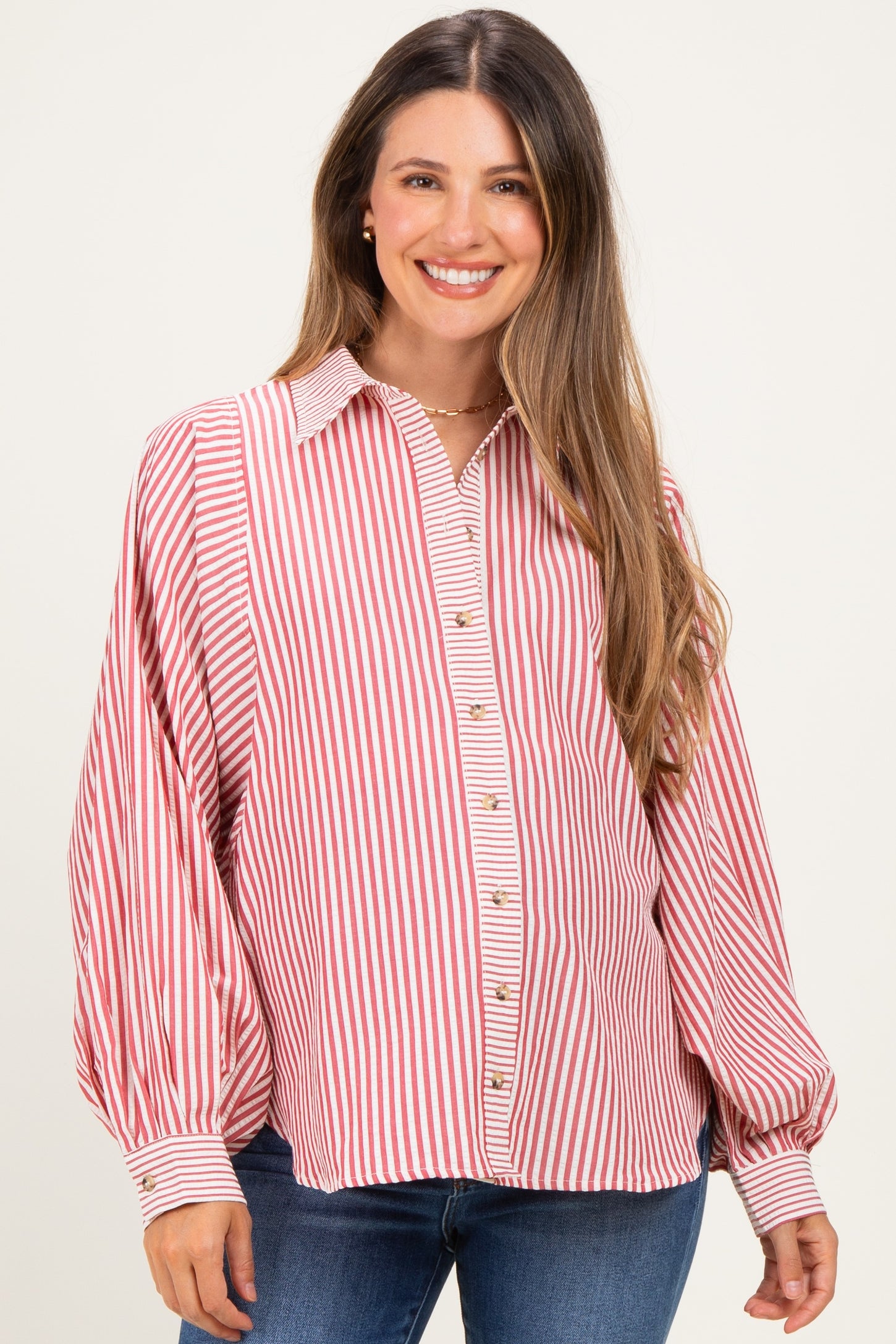 Brick Red  Drape Batwing Button-Down Maternity Shirt