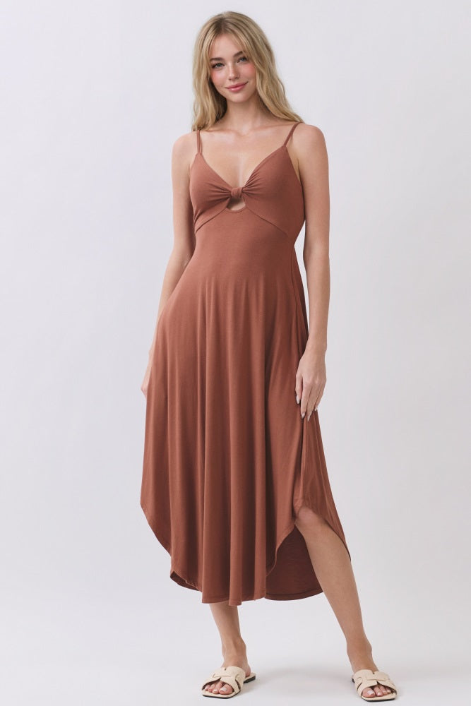 maternity dress sale Lilan Gown-Maternity For  ShopMom2B line design and midi length flatter your figure Rust Solid V-Neck Cami Maternity