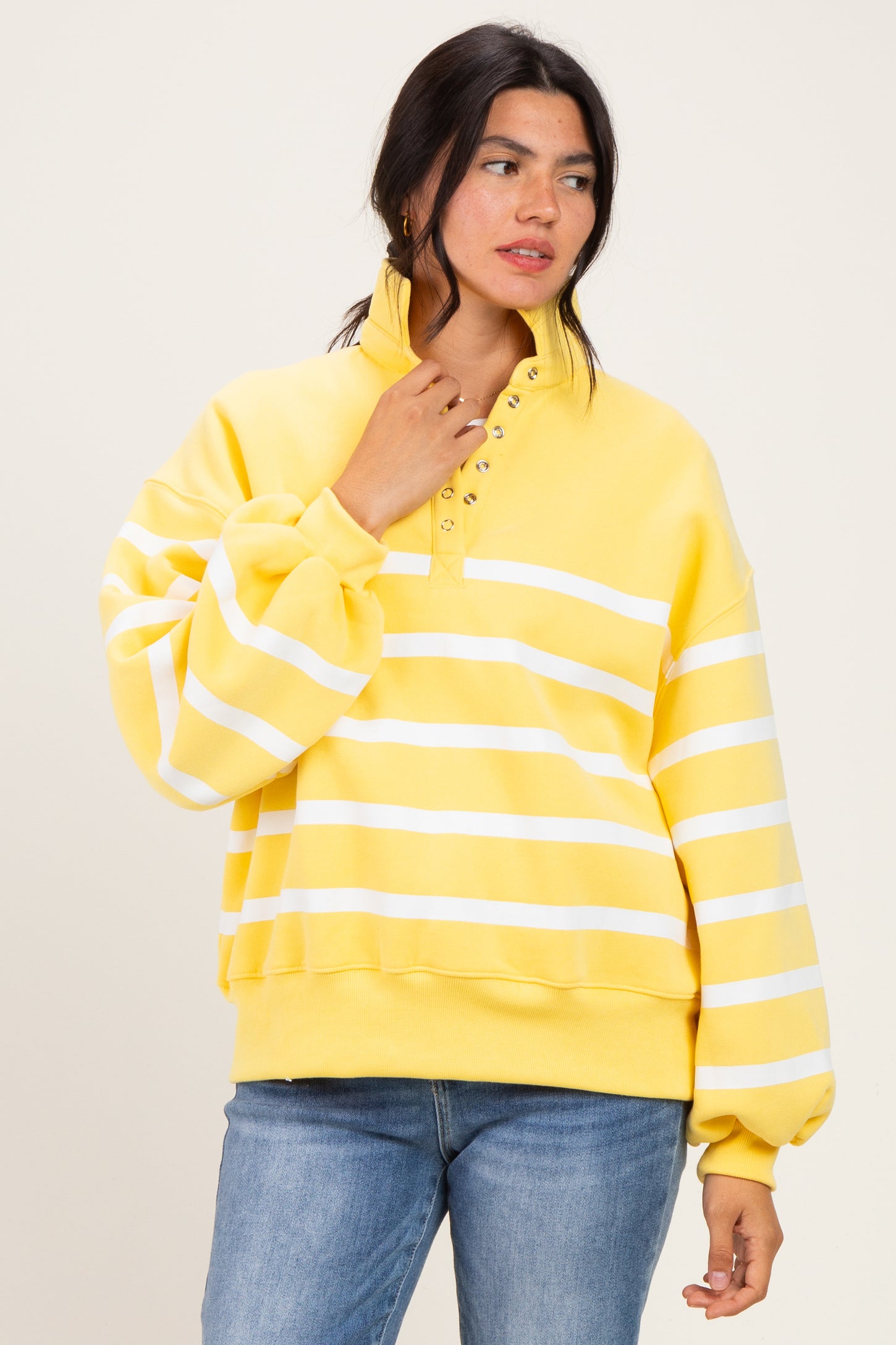 Light Yellow Striped Snap Button Maternity Pullover