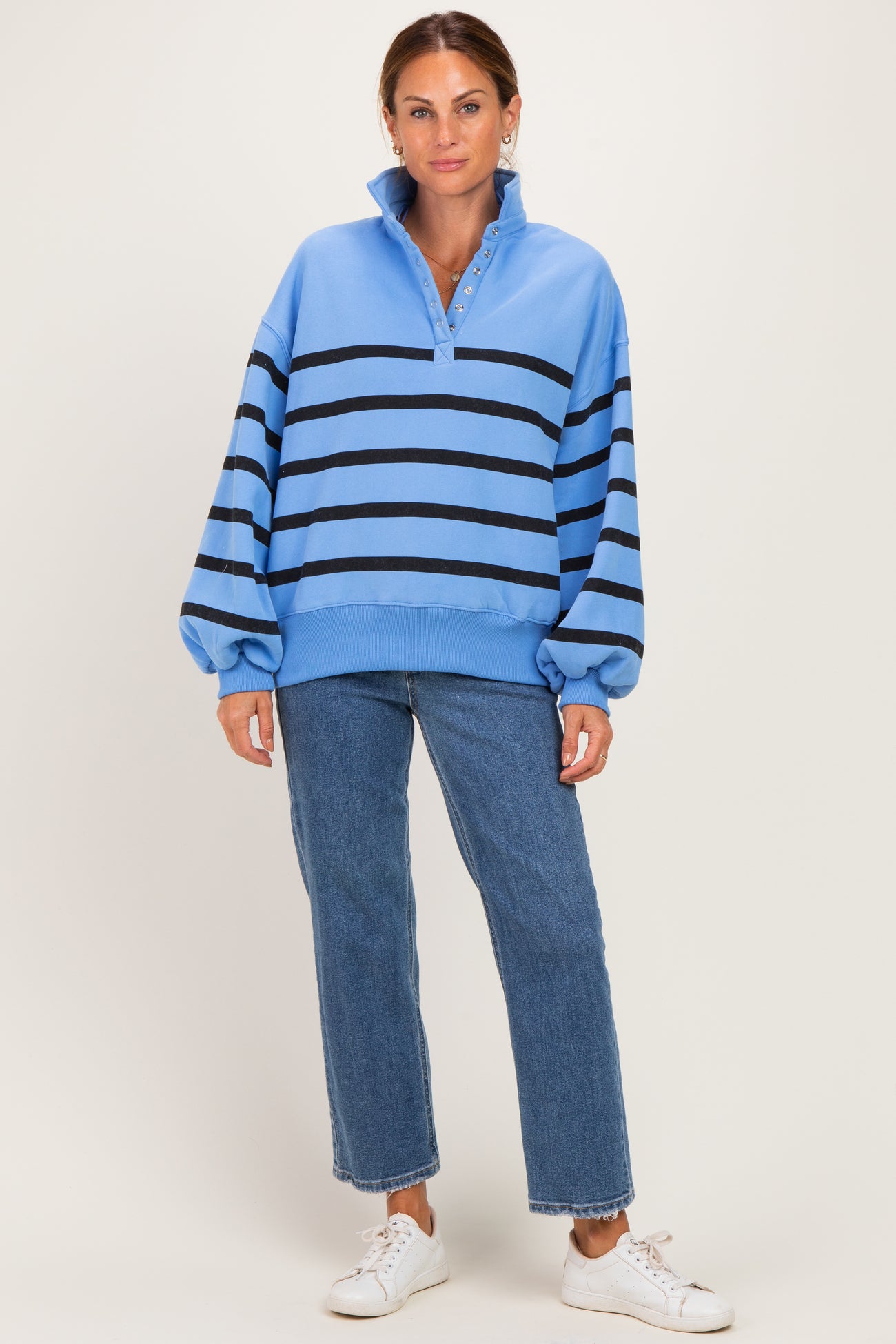 Blue Striped Snap Button Pullover