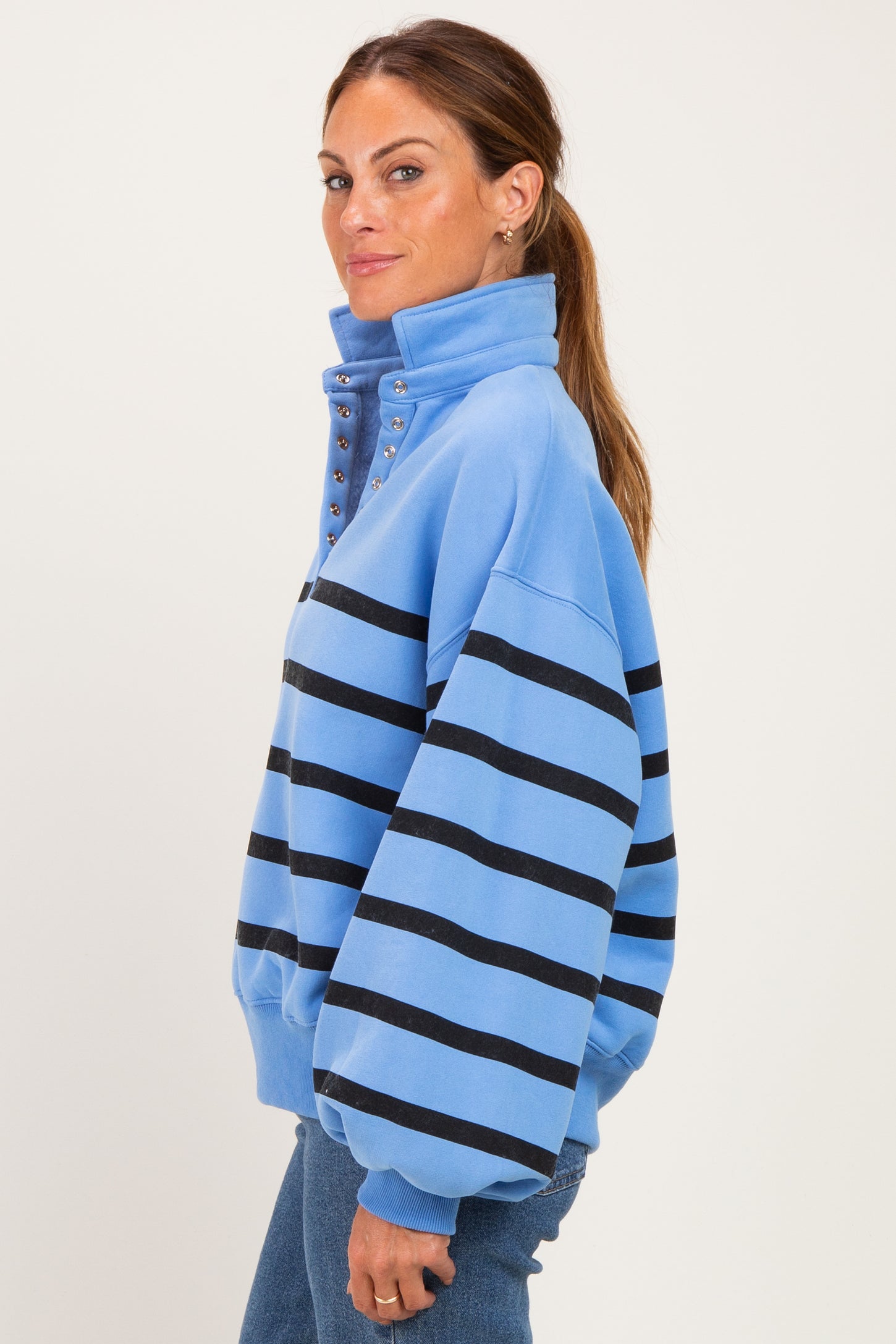 Blue Striped Snap Button Pullover