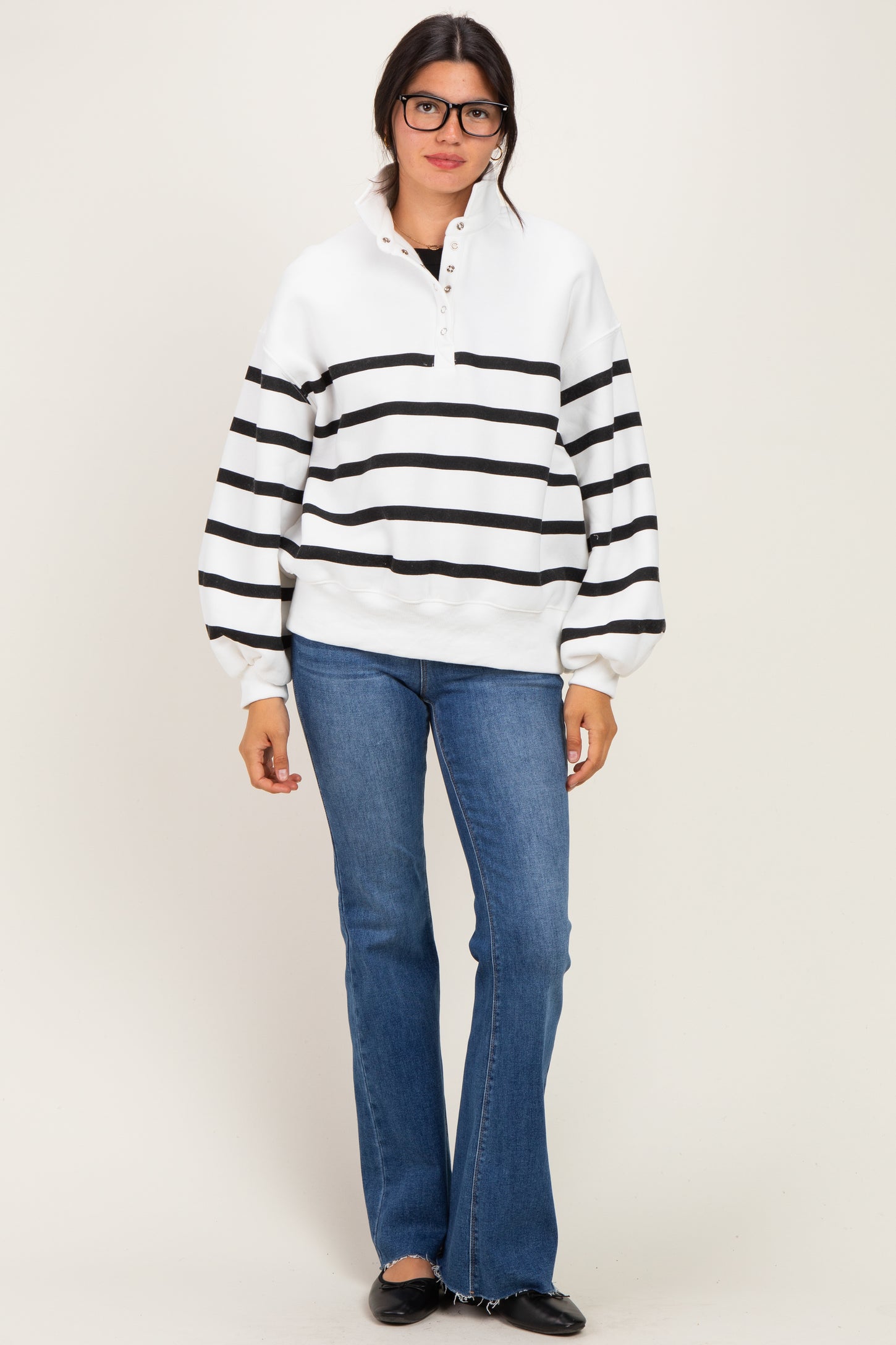 White Striped Snap Button Pullover