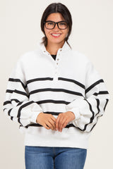 White Striped Snap Button Pullover