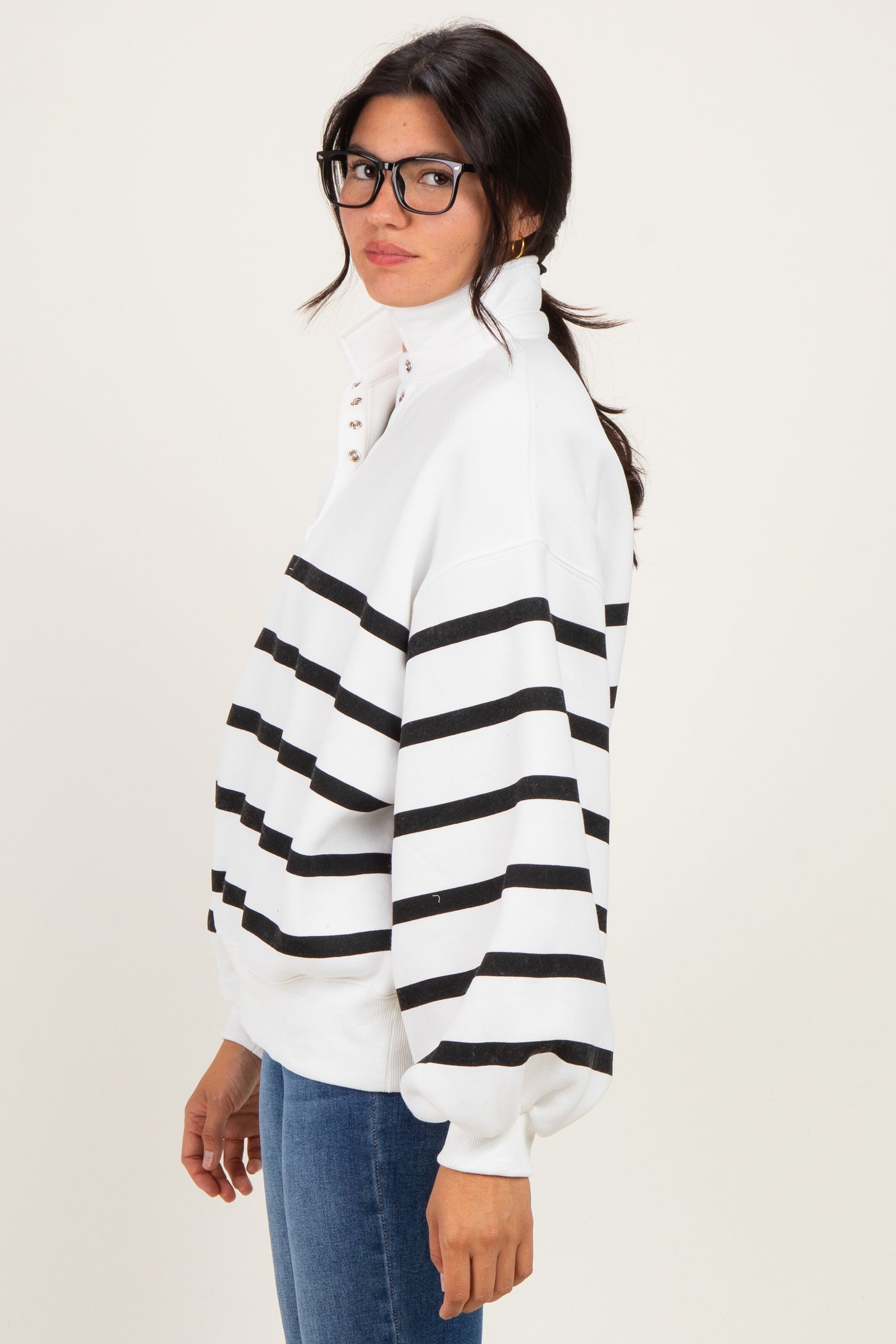 White Striped Snap Button Pullover