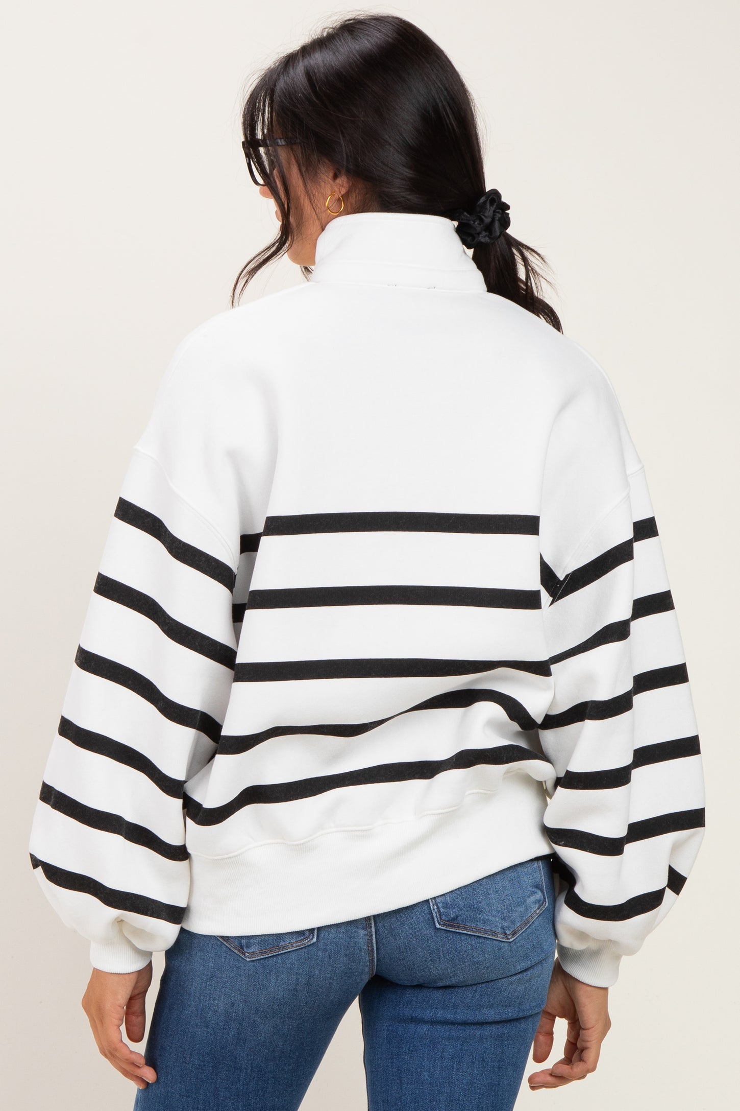 White Striped Snap Button Pullover