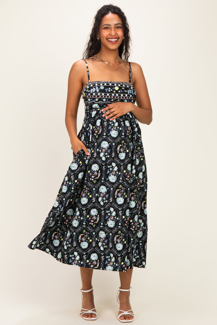 Black Floral Sleeveless Maternity Midi Dress