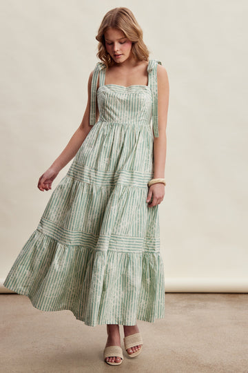 Sage Striped Shoulder Tie Tiered Maxi Dress
