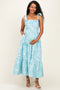 Aqua Striped Shoulder Tie Tiered Maternity Maxi Dress
